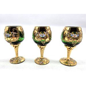 Vintage 3 Murano Glass Venetian Green Emerald Gold Cordial Glasses